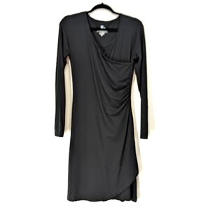 Kuhl Salza Black Midi Dress Faux Wrap Ruched Side M Long Sleeve V Neck